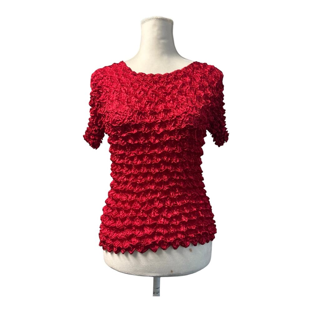 Vintage F.C. Red Popcorn Shirt Y2K 90s Bubble Blouse Textured Stretch One Size
